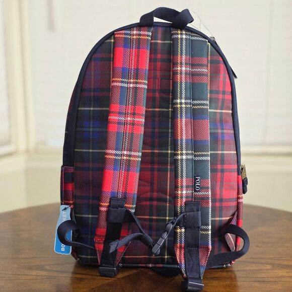 Polo Ralph Lauren Nordic Polo Bear Red Stewart Plaid Nylon Backpack Laptop Bag - Picture 5 of 9